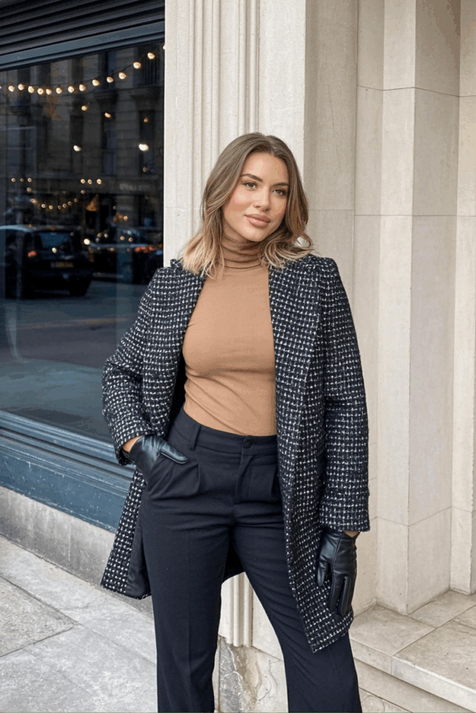 A woman wearing a textured tweed coat in shades of black and cream over a monochrome tan ensemble. She finishes the look with black leather gloves and low-heeled boot