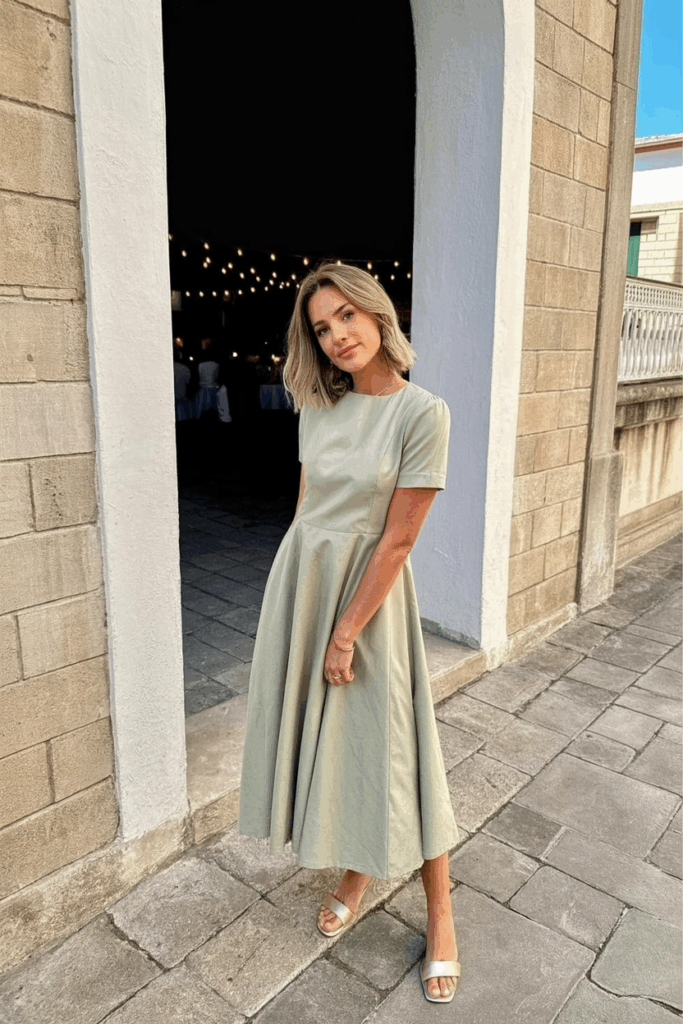 Woman in an elegant sage green A-line dress