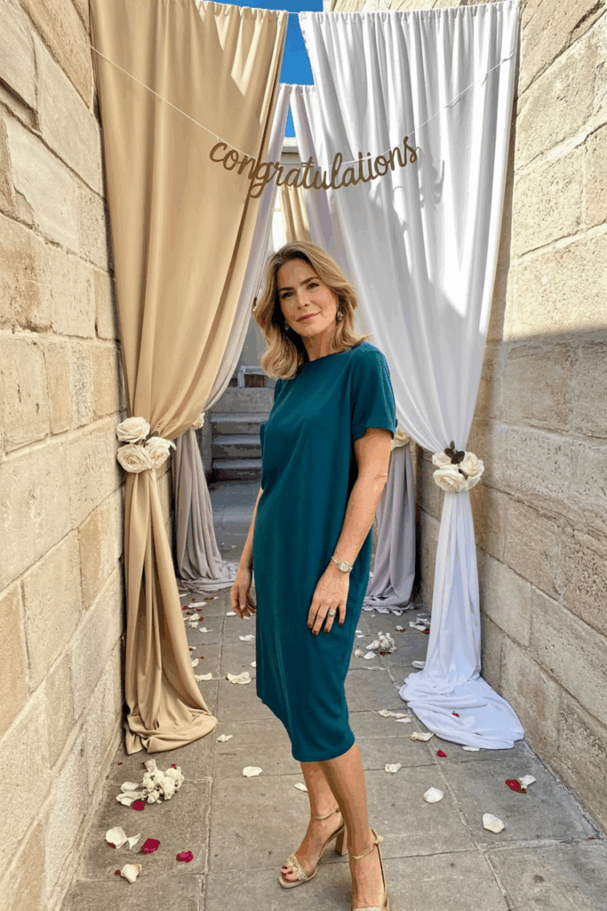 A woman in her 50s wearing an tee-length dress