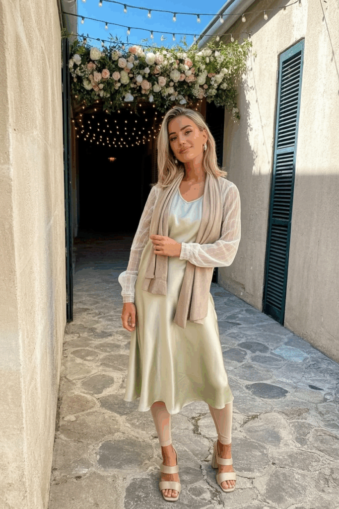 woman wearing a pale champagne satin midi dress with sheer long sleeves layered over nude thermal leggings, a cashmere scarf