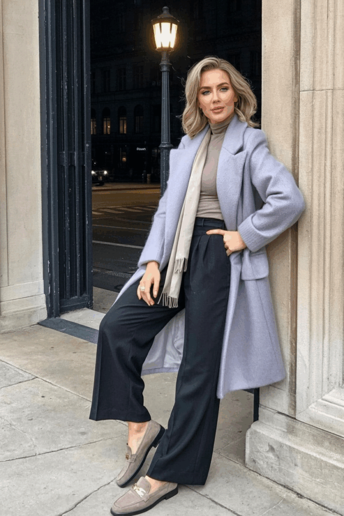 woman wearing a soft mohair-blend coat in pale lilac, styled over a neutral turtleneck and flowy trousers. She adds taupe loafers and a pale scarf to soften the outfit