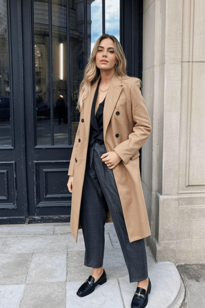 A woman wearing a structured camel double-breasted coat over a charcoal midi skirt and black tights. Her loafers and gold-rimmed glasses