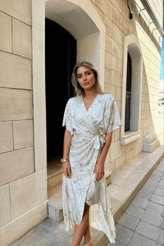 Woman in a wrap dress with a soft floral print