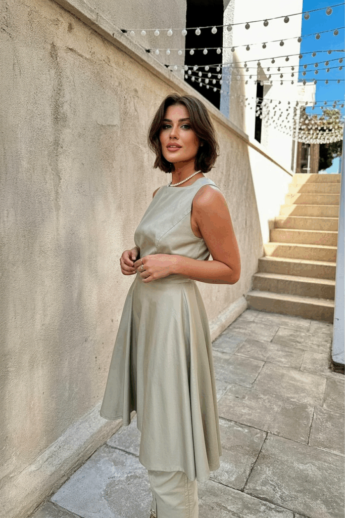 Woman in an elegant sage green A-line dress