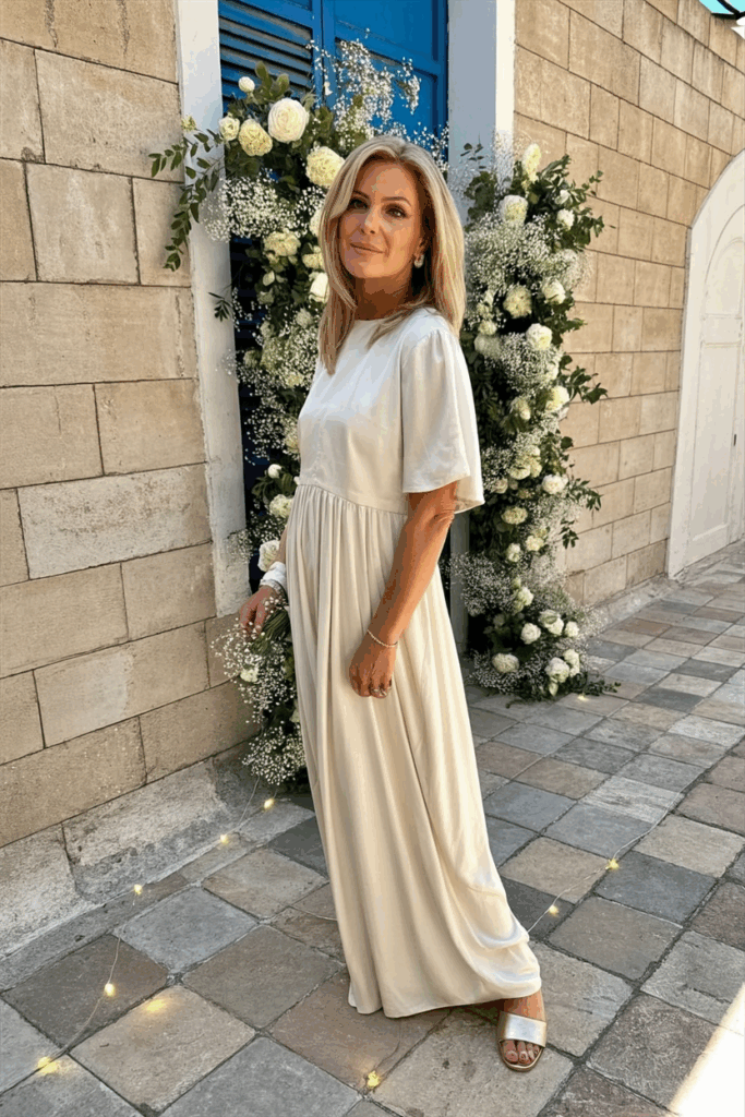 A woman in her 50s wearing an empire waist dress
