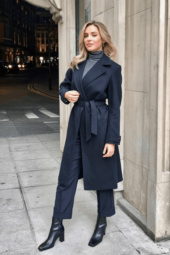 A woman wearing a navy wrap coat belted at the waist over a striped turtleneck and tailored trousers. She carries a wool tote and wears low-heeled boots