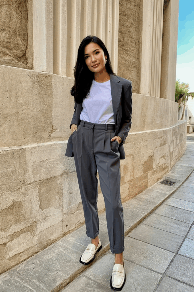 woman wearing charcoal gray tailored joggers with a defined waistband and subtle pleats paired with a clean white tee and loafers