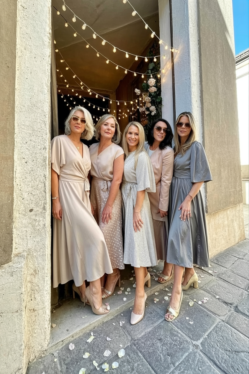 A group of women of various ages in flattering wrap, A-line, and tea-length dresses