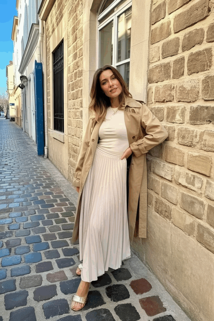 A woman wearing a pale blush modest maxi skirt with a fitted ivory top and a light tan trench coat, belted at the waist