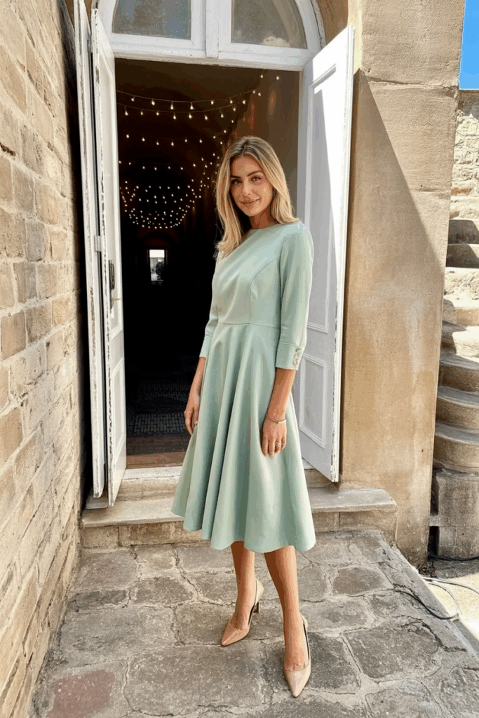A woman in a beautifully tailored mint green A-line dress with 3/4 sleeves dress with fitted sleeve