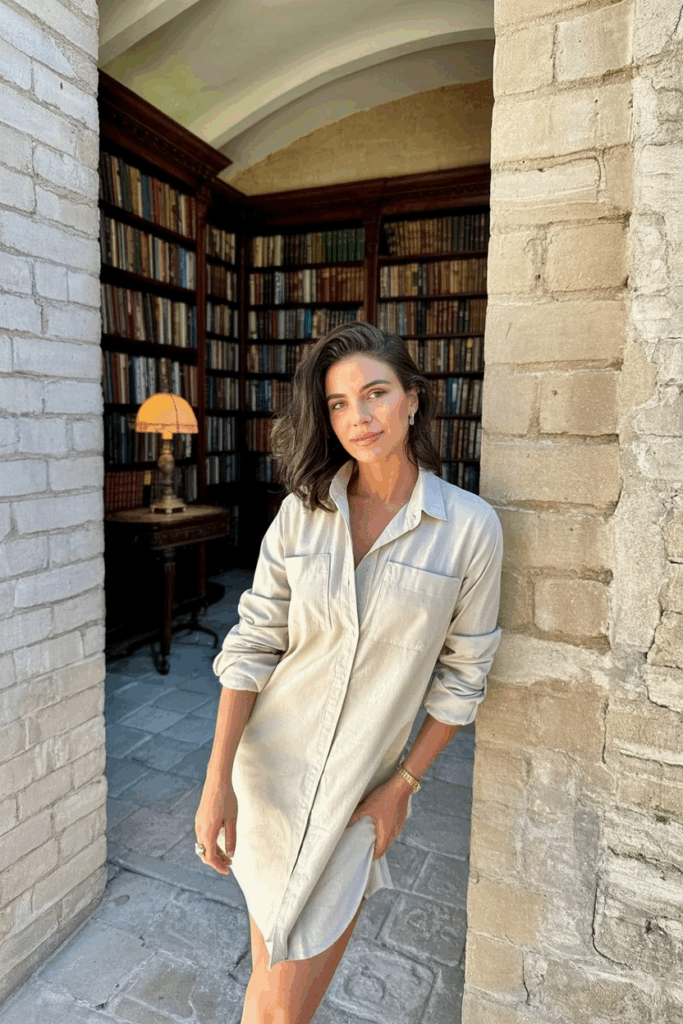 a woman wearing a shirt dress