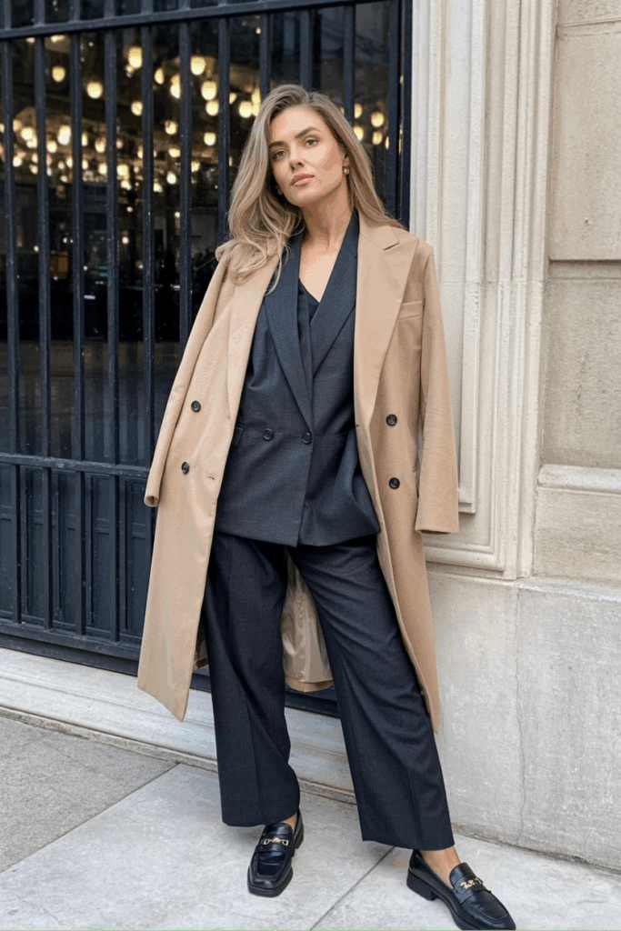 A woman wearing a structured camel double-breasted coat over a charcoal midi skirt and black tights with black loafers