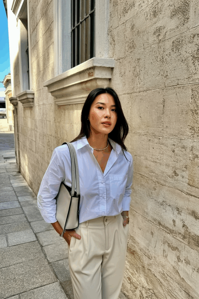 woman wearing a crisp white cotton shirt tucked into high-waisted trousers