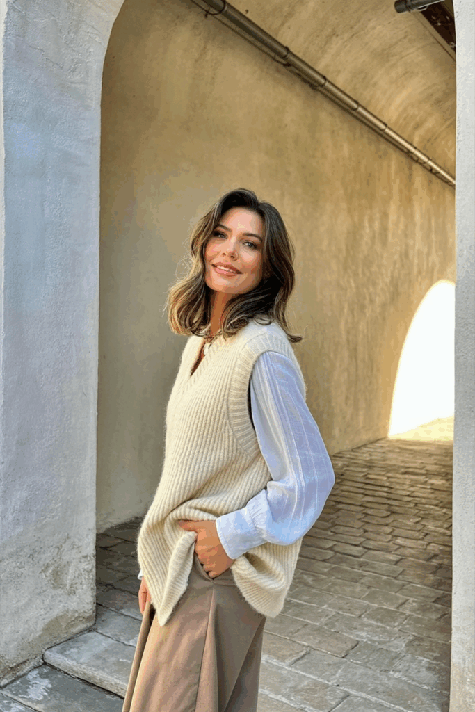 A woman wearing a cream knit vest over a long-sleeve white blouse, tucked into a muted brown skirt.