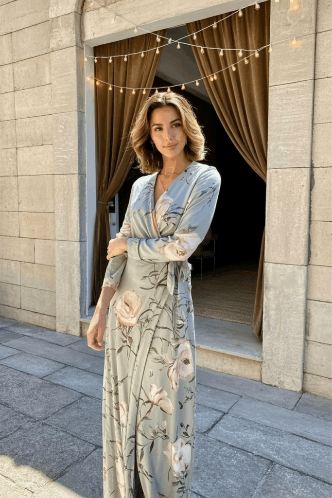 Woman in a wrap dress with a soft floral print