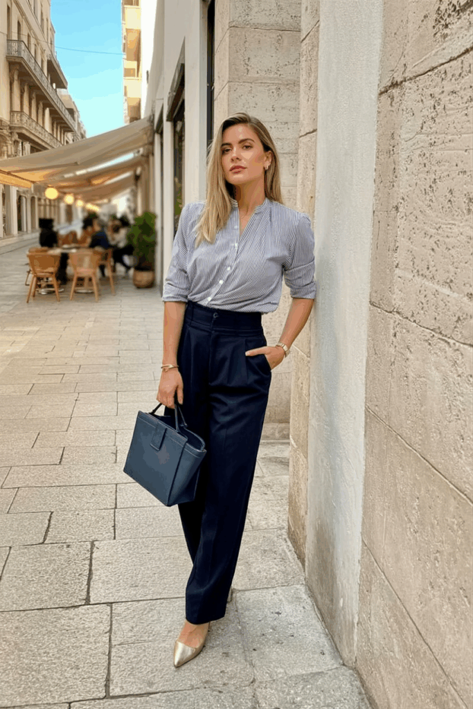 woman in navy high-waisted tailored trousers and a tucked-in striped blouse, holding a structured handbag