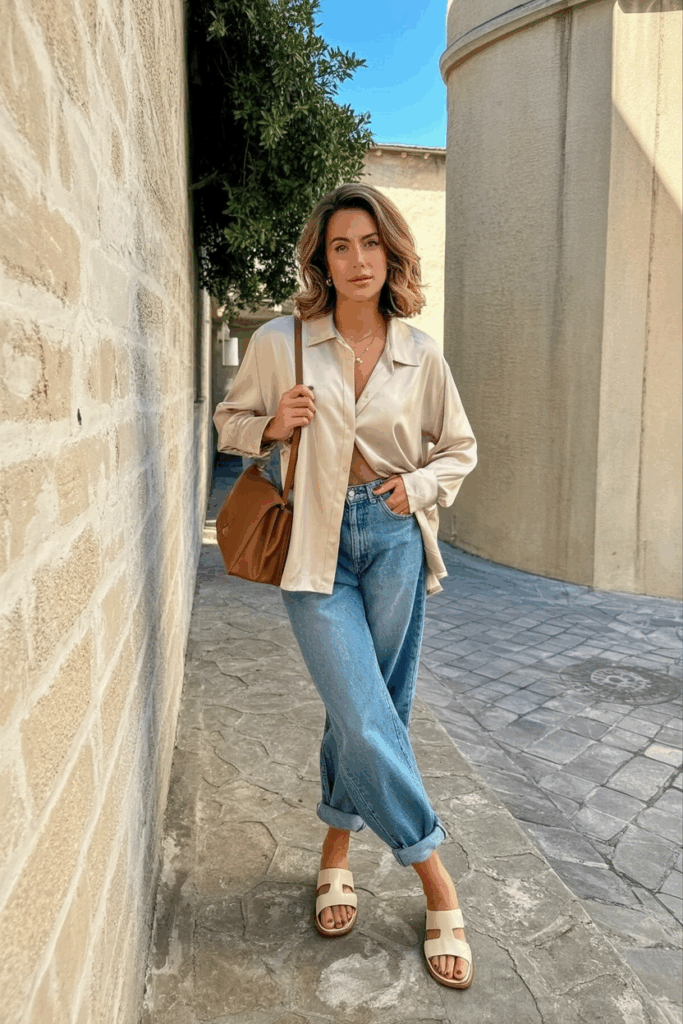 A woman wearing cream leather sandals with thin straps, baggy jeans, a tucked-in silk blouse in pale pink, a tan leather handbag