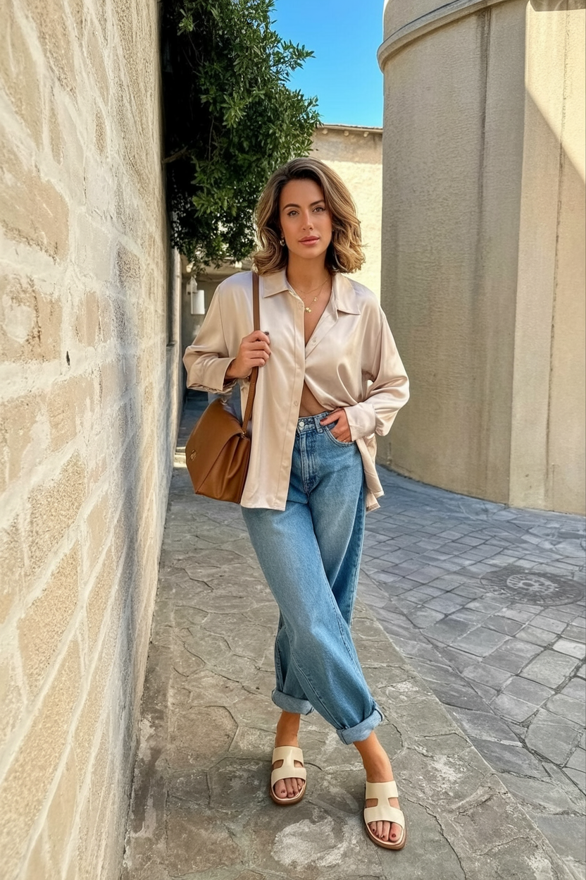 A woman wearing cream leather sandals with thin straps, baggy jeans, a tucked-in silk blouse in pale pink, a tan leather handbag