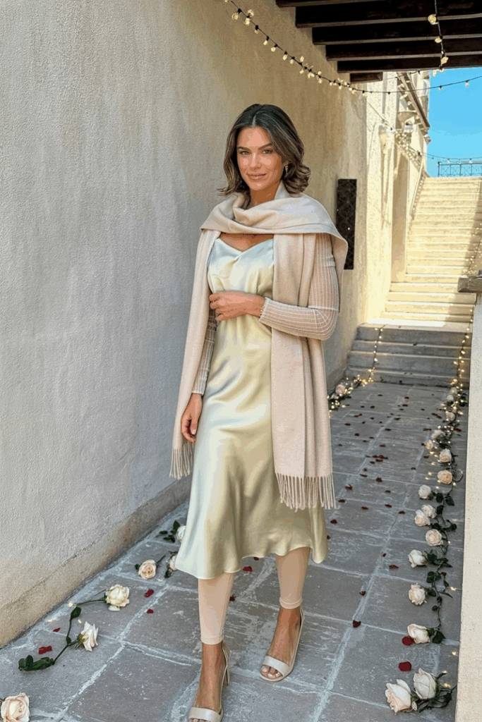 woman wearing a pale champagne satin midi dress with sheer long sleeves layered over nude thermal leggings, a cashmere scarf