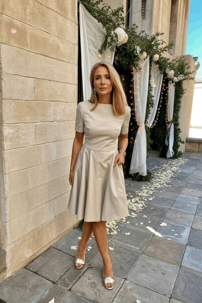 a woman in her 50s wearing an A-line dress