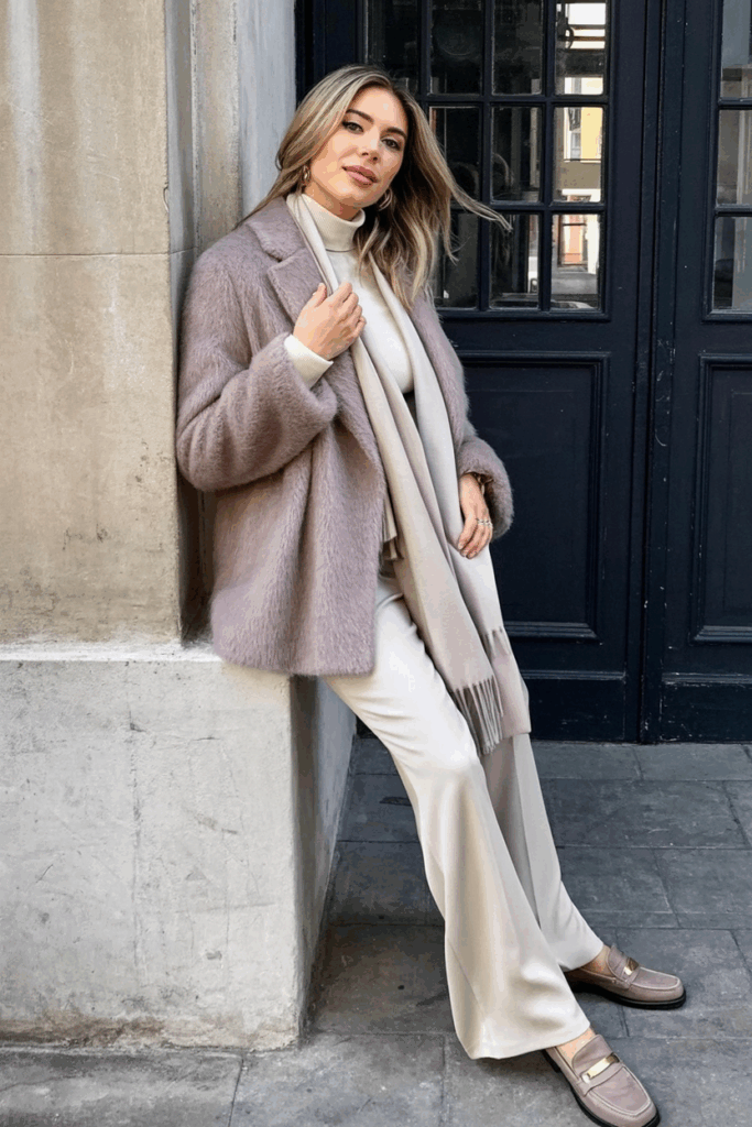 woman wearing a soft mohair-blend coat in pale lilac, styled over a neutral turtleneck and flowy trousers. She adds taupe loafers and a pale scarf to soften the outfit
