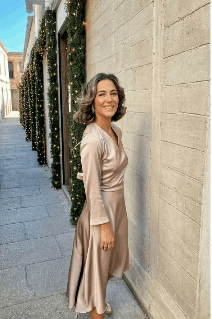 A woman in her 50s wearing wearing a flowing satin midi dress in muted rose