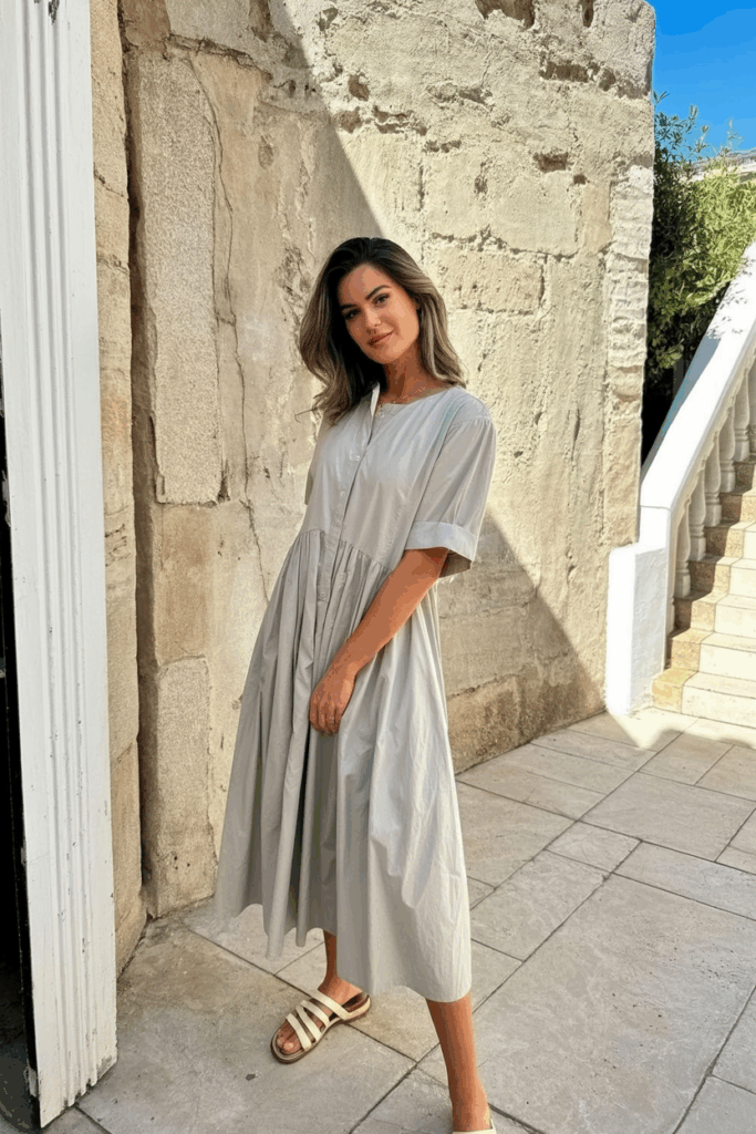 woman wearing cotton poplin midi dress