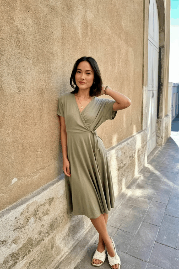 wearing a soft A-line wrap dress in muted green