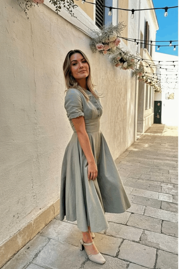 Woman in an elegant sage green A-line dress