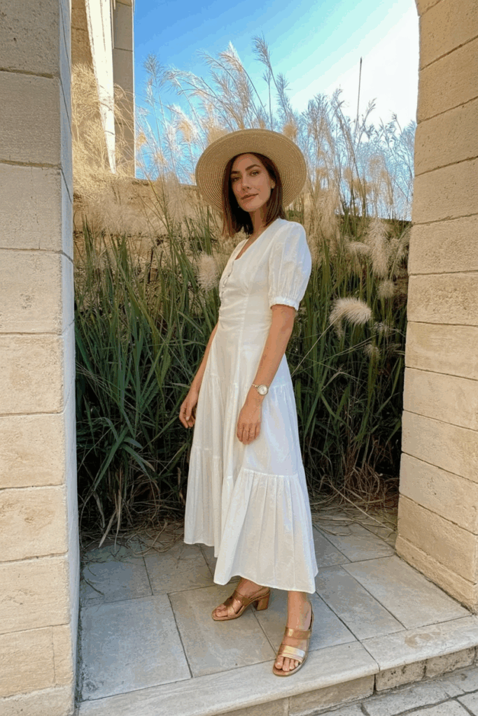 a woman wearing a white Tea-length dress wearing a straw hat