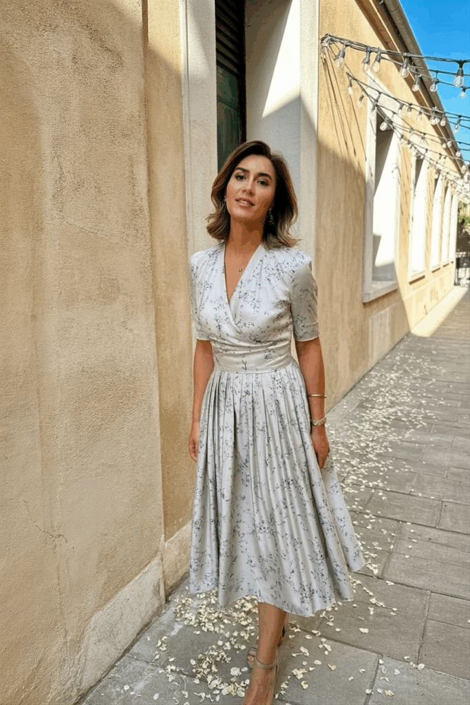 A woman in her 50s wearing an tee-length dress