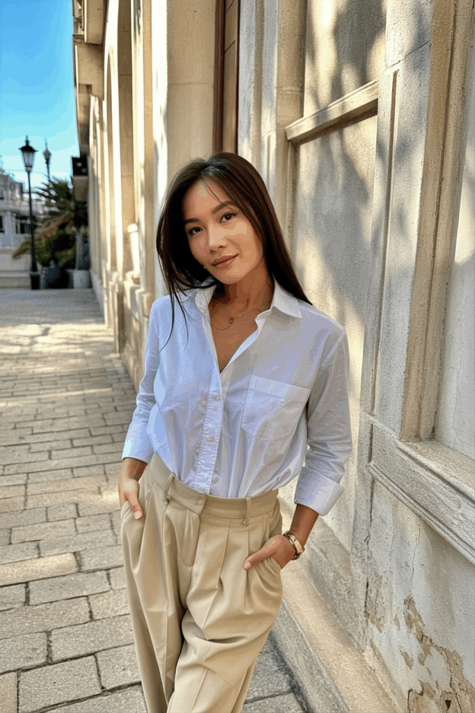 woman wearing a crisp white cotton shirt tucked into high-waisted trousers
