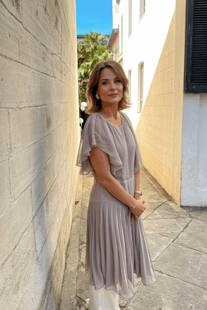 A woman in her 50s wearing wearing an elegant chiffon dress with Flutter sleeves in muted rose