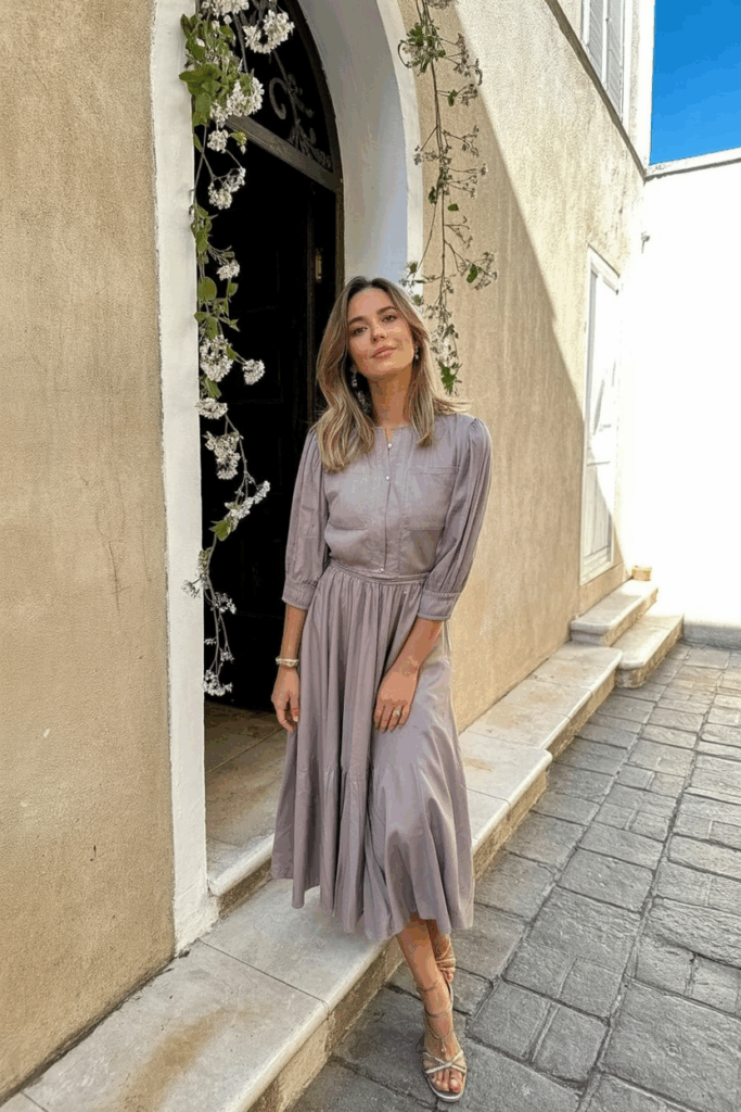 Woman wearing a mauve dress with 3/4 sleeves