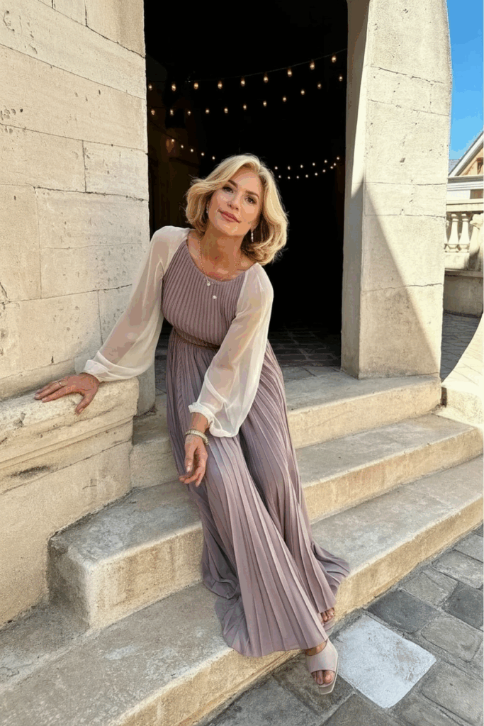 A woman in her 50s wearing wearing an elegant chiffon dress with Sheer long sleeve in muted rose