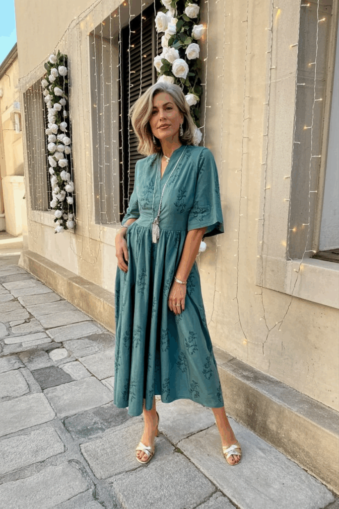 A woman in her 50s wearing a midi dress