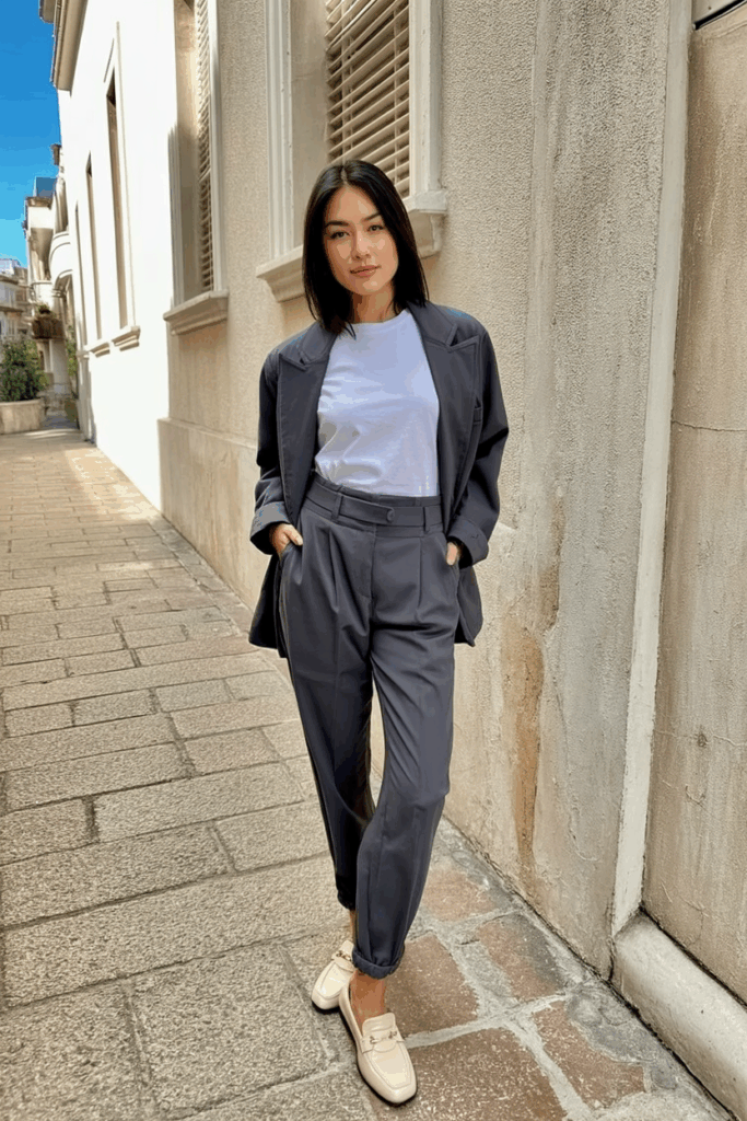 woman wearing charcoal gray tailored joggers with a defined waistband and subtle pleats paired with a clean white tee and loafers