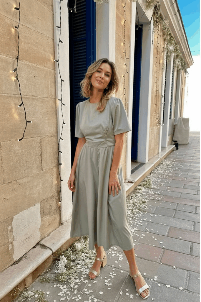 Woman in a sage Tea-Length dress with short sleeves.