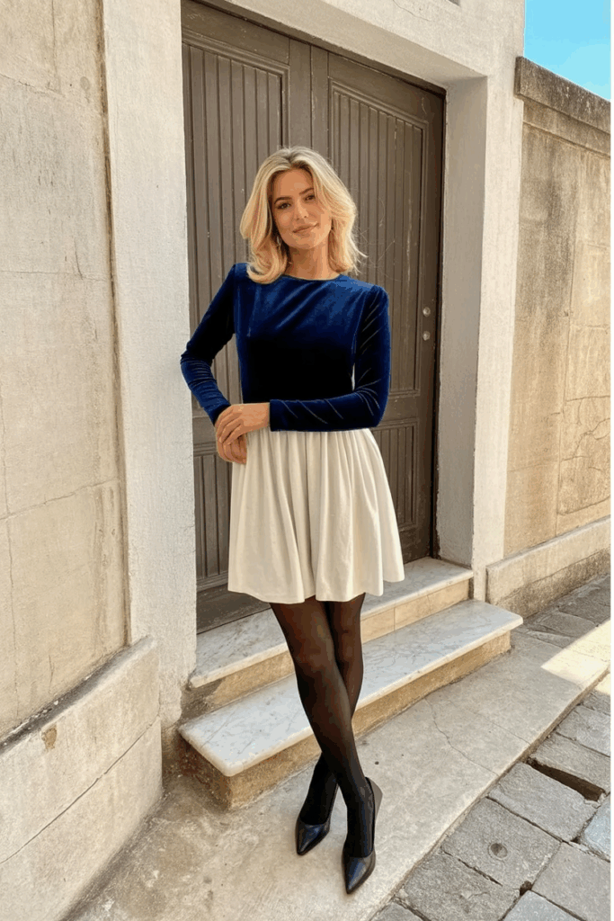 A woman wearing a navy velvet long-sleeve top, black opaque wool tights, and closed-toe heels