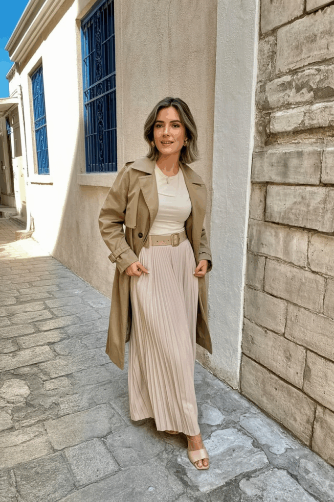 A woman wearing a pale blush modest maxi skirt with a fitted ivory top and a light tan trench coat, belted at the waist