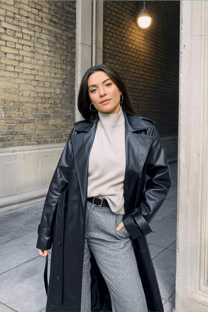 A woman wearing a long black vegan leather trench coat with structured shoulders and a belted waist. Underneath, she wears a soft turtleneck sweater and tapered wool trousers.