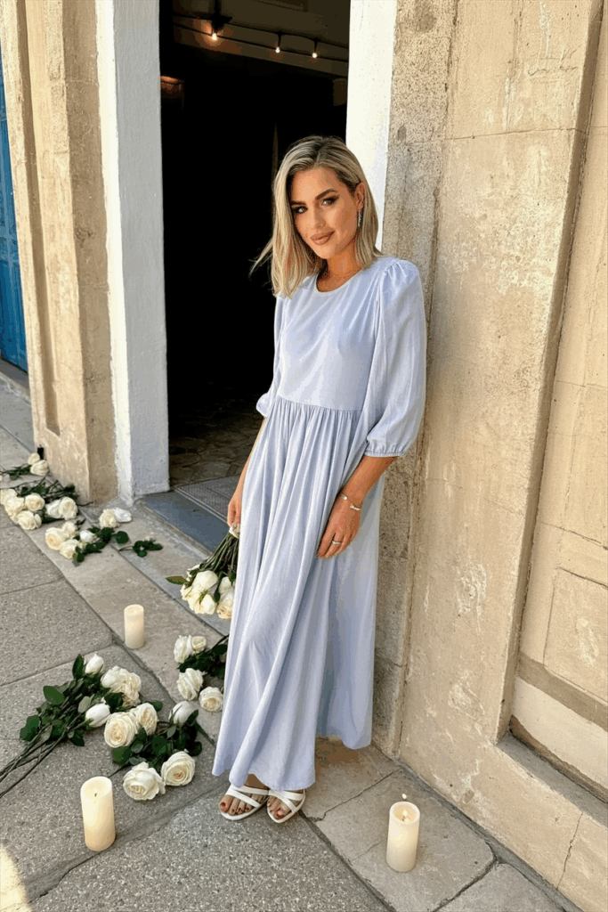 A woman in a soft pastel dress with elegant three-quarter sleeves and an empire waist