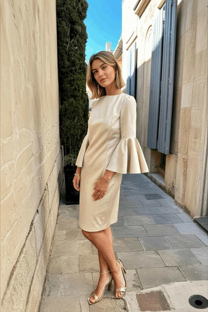 A woman in a beautifully tailored champagne bell sleeved dress