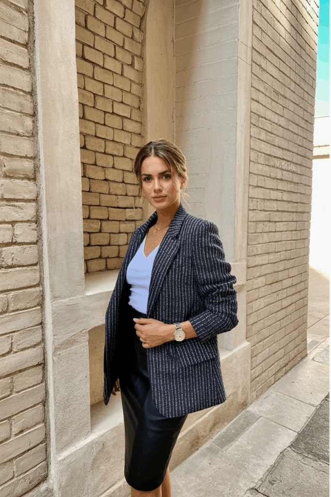 woman wearing a tailored tweed blazer over a pencil skirt