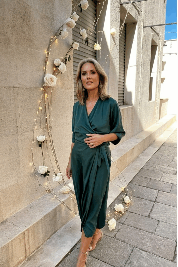 a woman in her 50s wearing a wrap dress