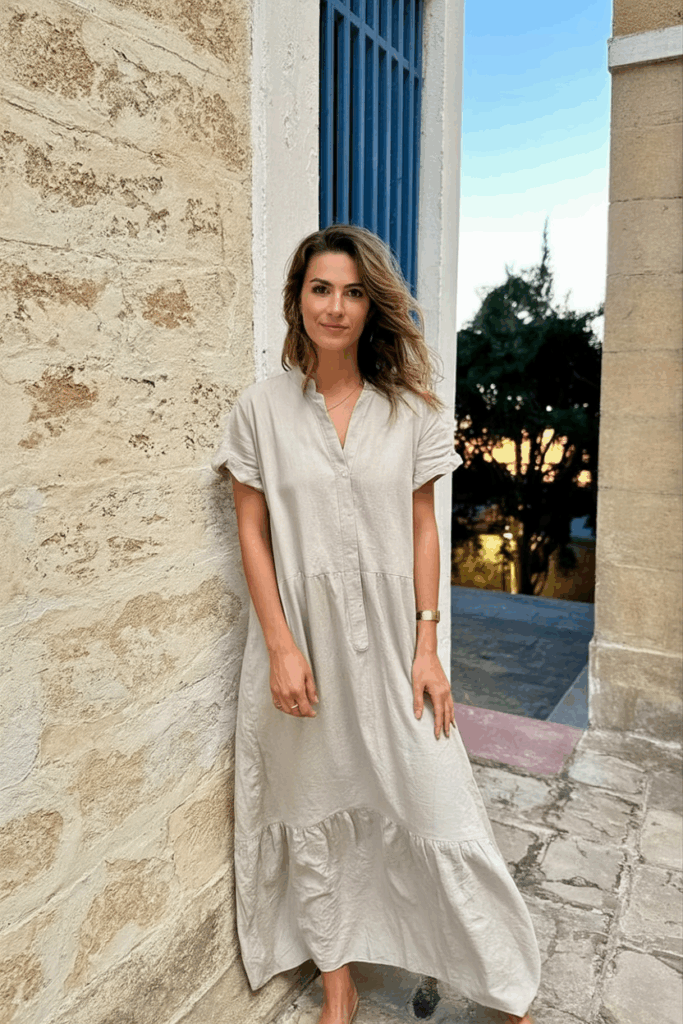 a woman in a light beige linen dress