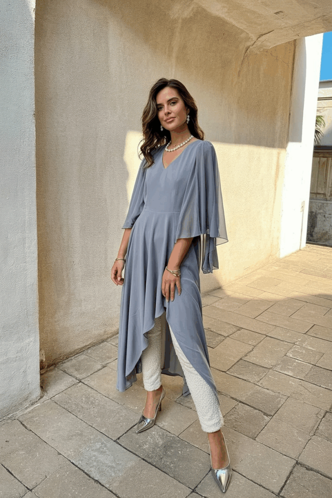 A woman wearing a dove-gray georgette gown with long chiffon sleeves, warm fleece-lined leggings, paired with pearl drop earrings and silver pointed-toe heels