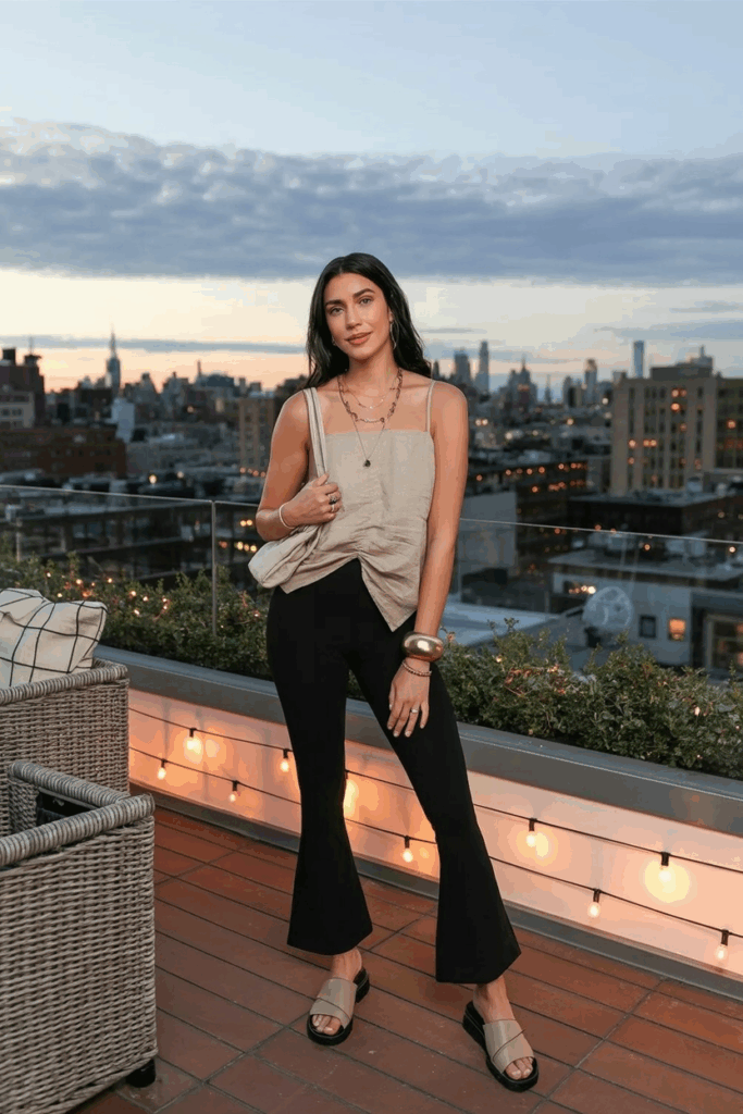 A close-up image of a woman’s midsection showing black flare leggings and a tucked-in beige top. She wears layered gold necklaces, a chunky ring, and a gold bangle. The look is finished with neutral-toned slide sandals and a small crossbody bag hanging at her side
