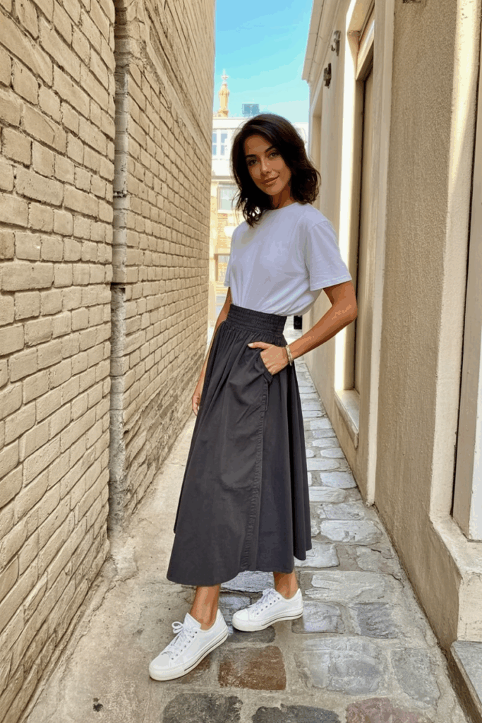 woman wearing a charcoal gray cotton skirt and white canvas sneakers, styled with a tucked-in tee