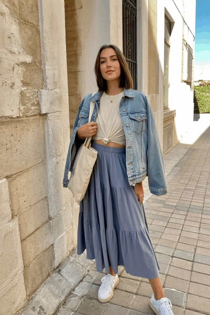 A woman wearing a flowy dusty blue tiered skirt, paired with a tucked-in cream jersey tee and a light-wash denim jacket. She carries canvas tote.